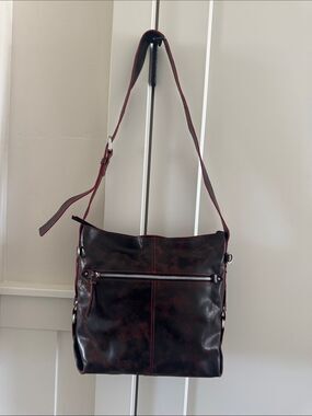 Nino Bossi Brown/Red Leather Shoulder Crossbody Hobo Messenger Bag Casual EUC